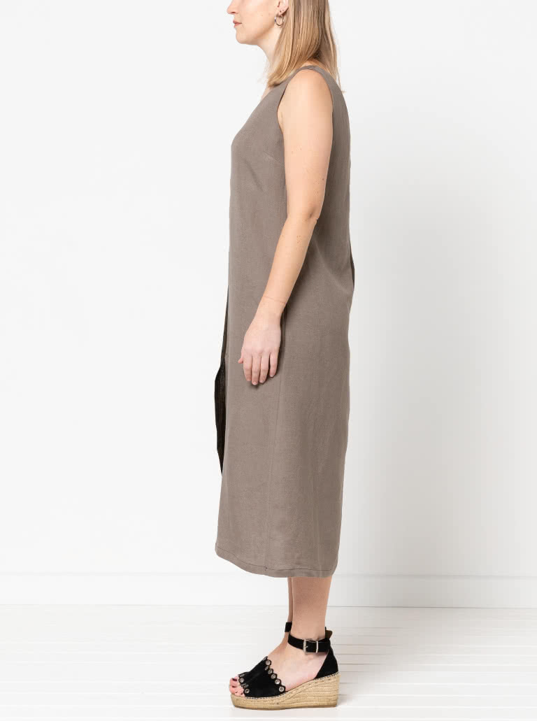 Esther Woven Dress By Style Arc - Slight "A" line calf length slip on dress featuring front and back "V" necks, and a centre front split.