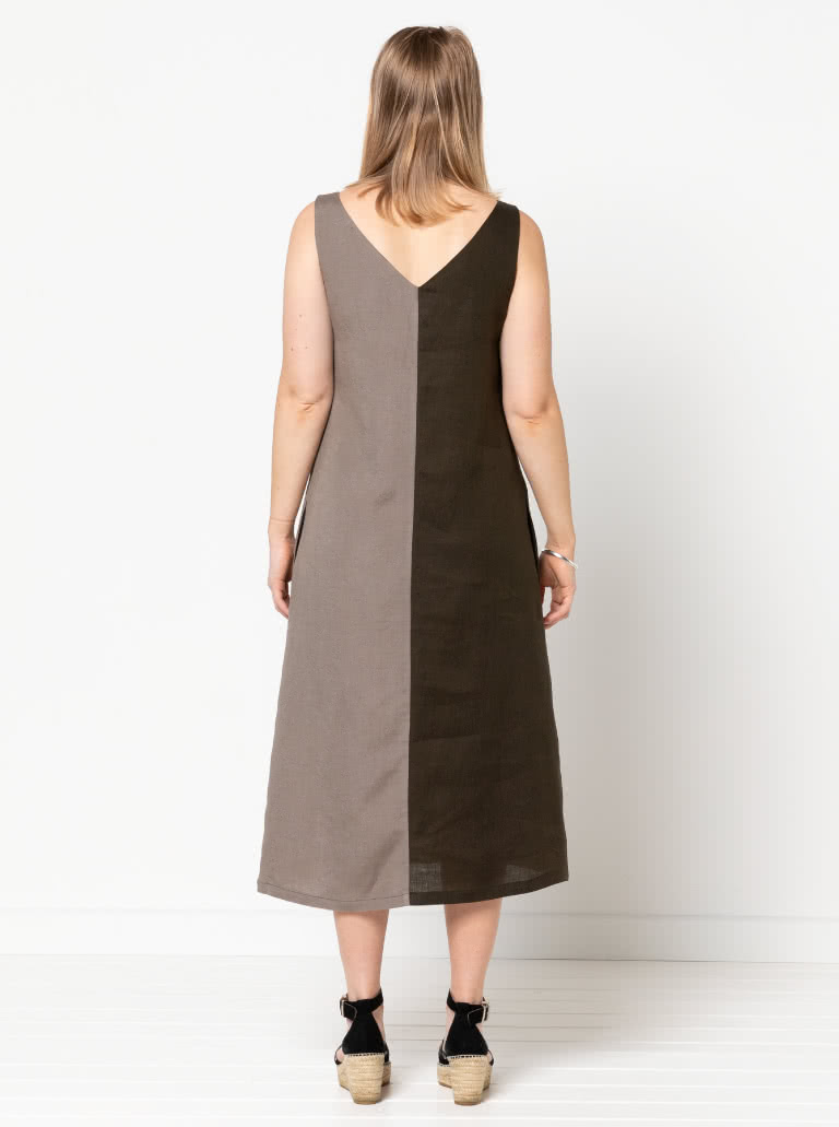 Esther Woven Dress By Style Arc - Slight "A" line calf length slip on dress featuring front and back "V" necks, and a centre front split.