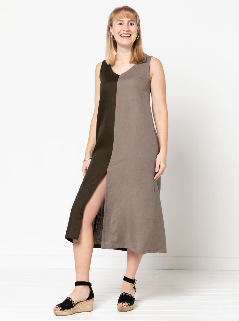 Esther Woven Dress By Style Arc - Slight "A" line calf length slip on dress featuring front and back "V" necks, and a centre front split.