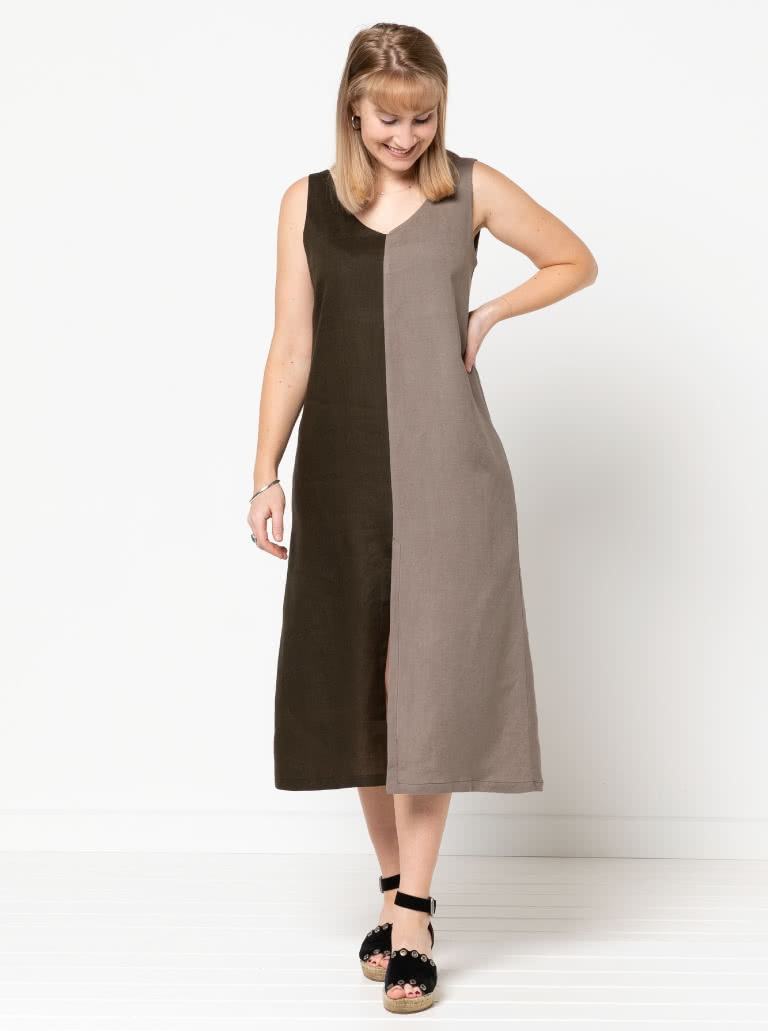 Esther Woven Dress By Style Arc - Slight "A" line calf length slip on dress featuring front and back "V" necks, and a centre front split.