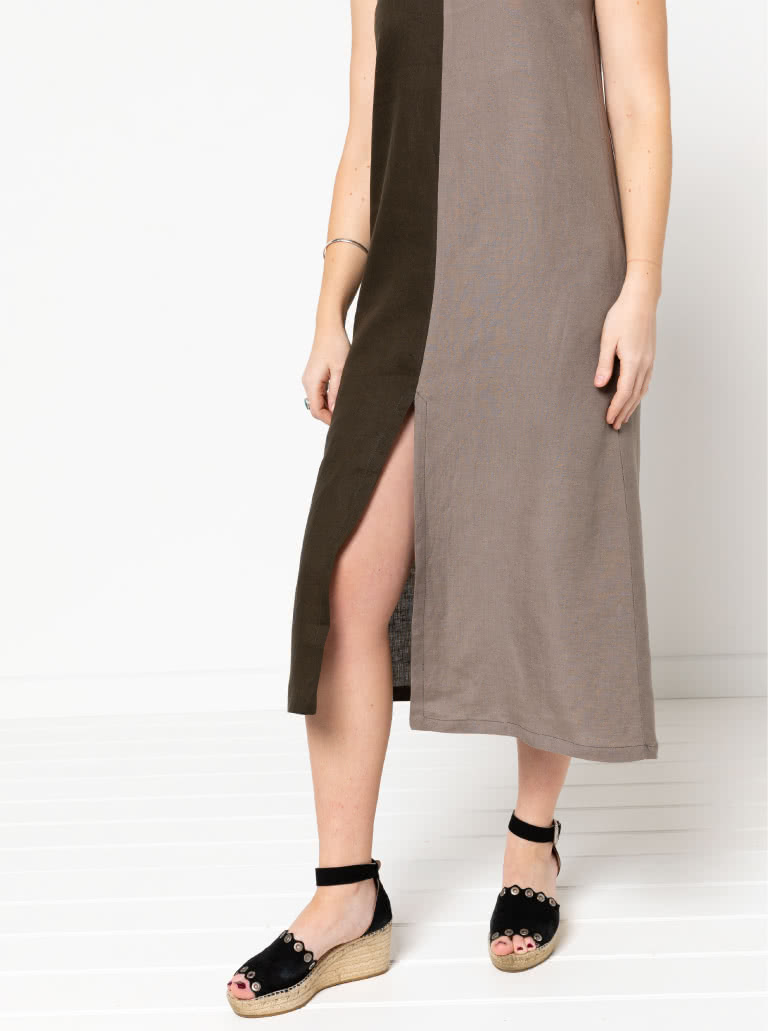 Esther Woven Dress By Style Arc - Slight "A" line calf length slip on dress featuring front and back "V" necks, and a centre front split.