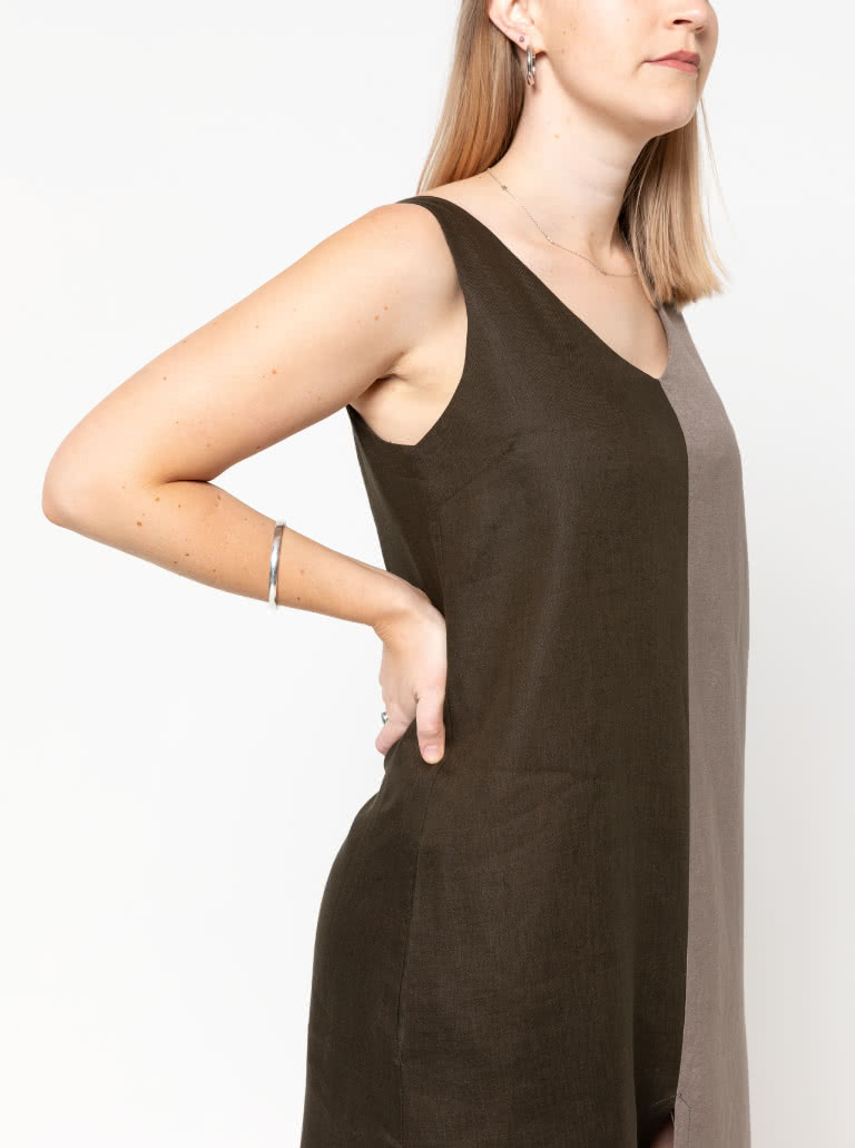 Esther Woven Dress By Style Arc - Slight "A" line calf length slip on dress featuring front and back "V" necks, and a centre front split.