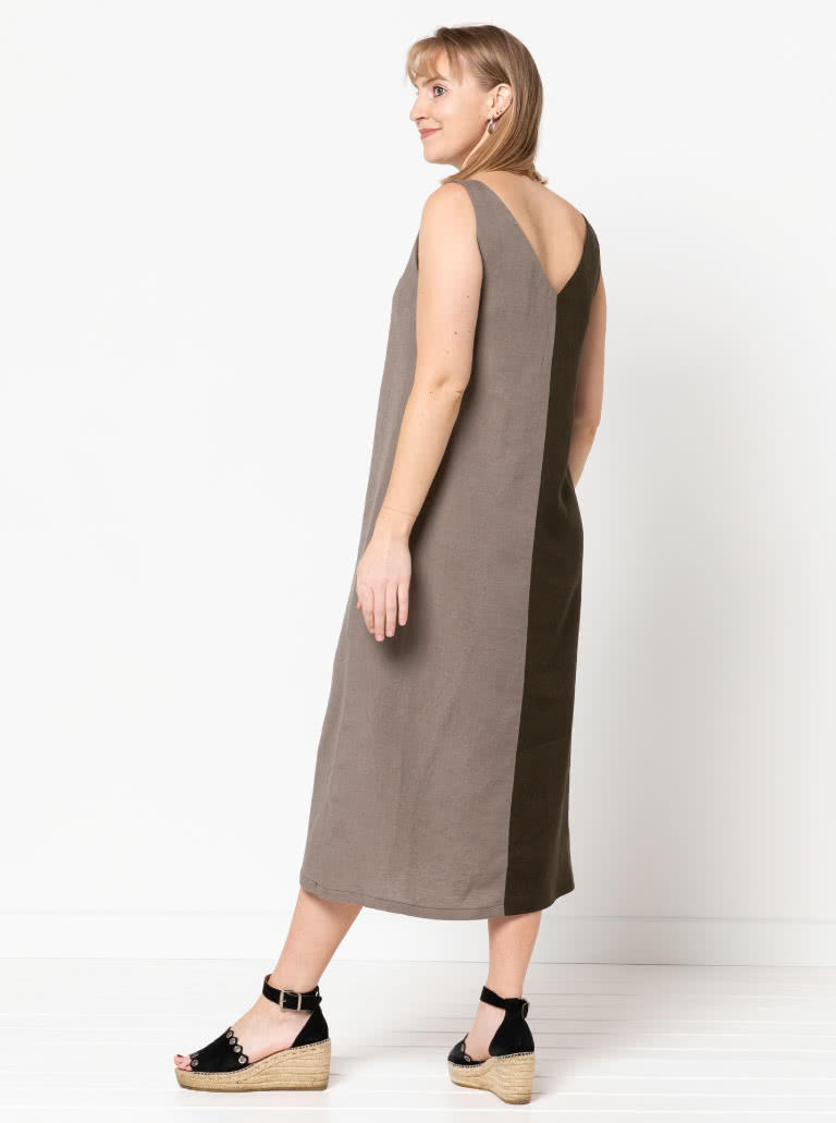 Esther Woven Dress By Style Arc - Slight "A" line calf length slip on dress featuring front and back "V" necks, and a centre front split.