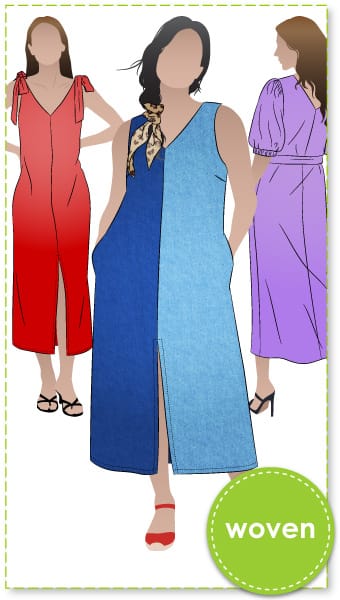 Esther Woven Dress By Style Arc - Slight &quot;A&quot; line calf length slip on dress featuring front and back &quot;V&quot; necks, and a centre front split.