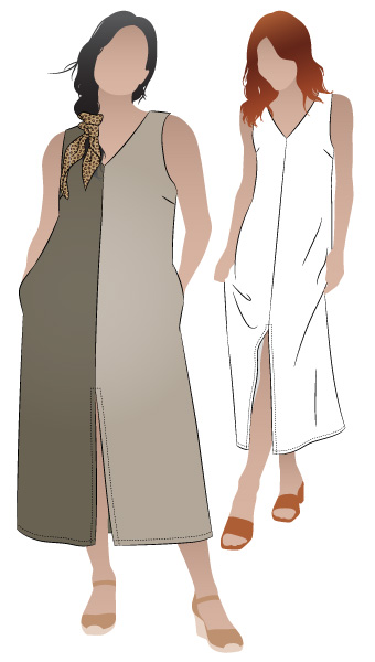 Esther Woven Dress By Style Arc - Slight "A" line, calf length slip-on dress featuring front and back "V" neckline, optional sleeves and a centre front split.