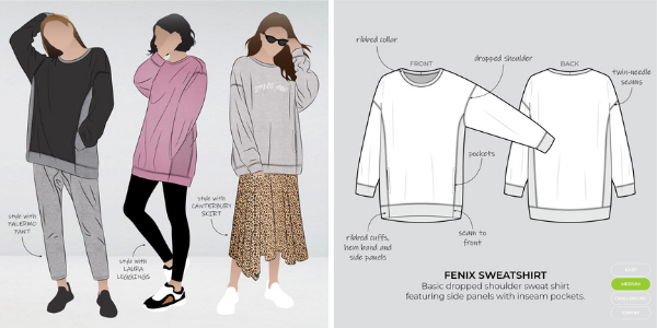 Graphic and line drawing of Fenix sweatshirt 