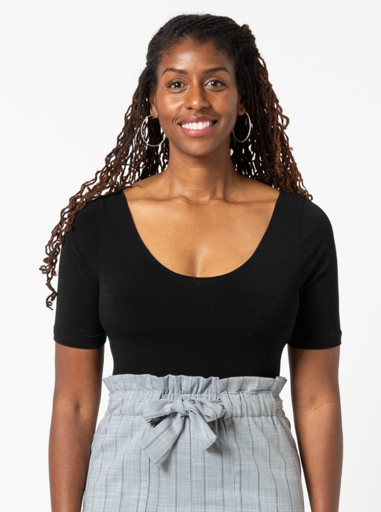 Farrah Knit Bodysuit By Style Arc - Stretch knit basic bodysuit with neck and sleeve options.