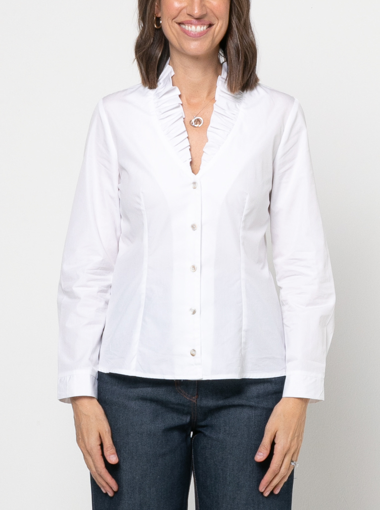 Francesca Woven Shirt By Style Arc - Button front blouse with ruffle neck, two-piece collar, long sleeve with cuffed sleeves.