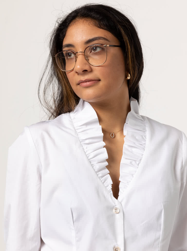 Francesca Woven Shirt By Style Arc - Button front blouse with ruffle neck, two-piece collar, long sleeve with cuffed sleeves.