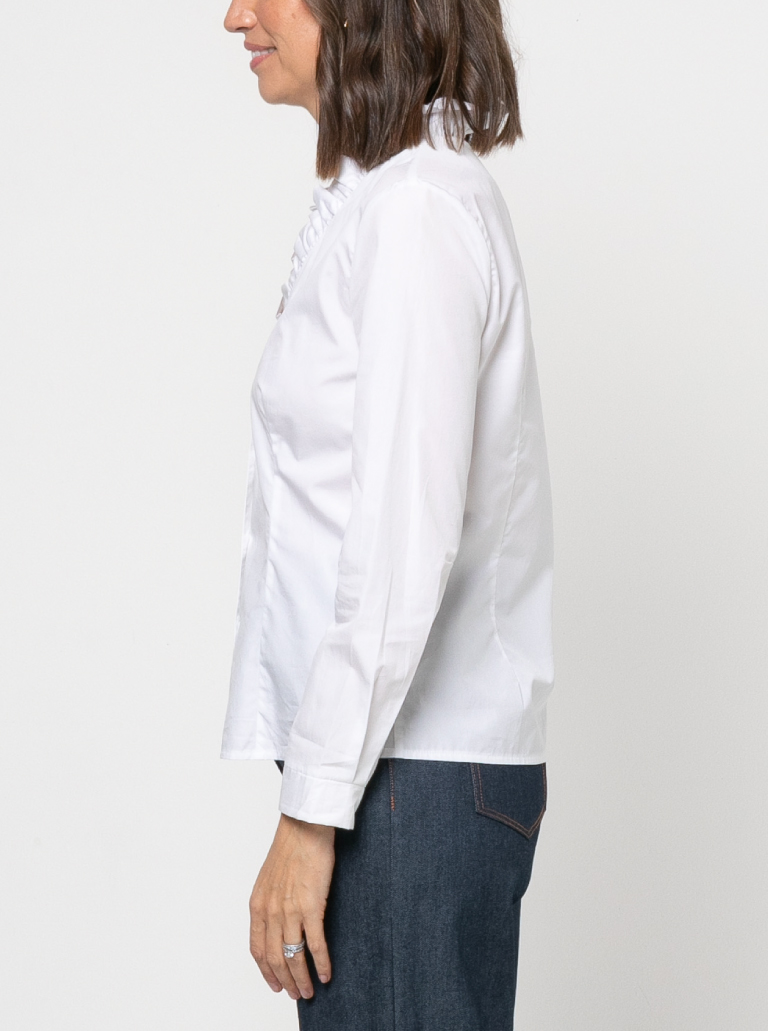 Francesca Woven Shirt By Style Arc - Button front blouse with ruffle neck, two-piece collar, long sleeve with cuffed sleeves.