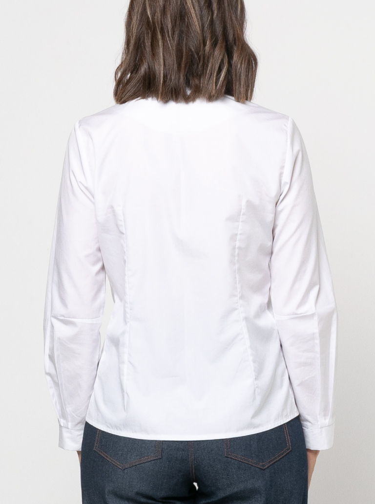 Francesca Woven Shirt By Style Arc - Button front blouse with ruffle neck, two-piece collar, long sleeve with cuffed sleeves.