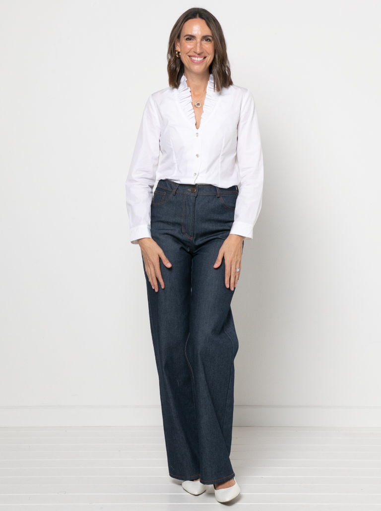 Francesca Woven Shirt By Style Arc - Button front blouse with ruffle neck, two-piece collar, long sleeve with cuffed sleeves.