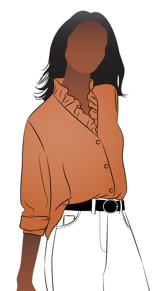 Francesca Woven Shirt By Style Arc - Button front blouse with ruffle neck, two-piece collar, long sleeve with cuffed sleeves.