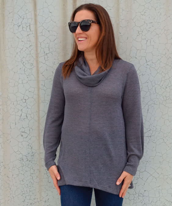 Freya Knit Tunic Sewing Pattern By Style Arc - This tunic top features a cosy cowl neck, angled seams and tucked sleeve details.