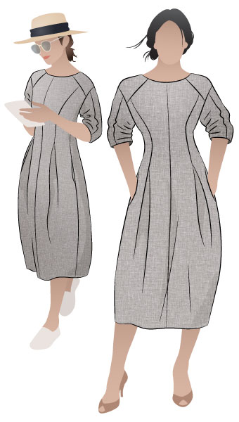 Gertrude Designer Dress By Style Arc - This is a designer dress featuring a fitted bodice, dropped shoulder line, tucked sleeves, inverted pleats and a back zip.