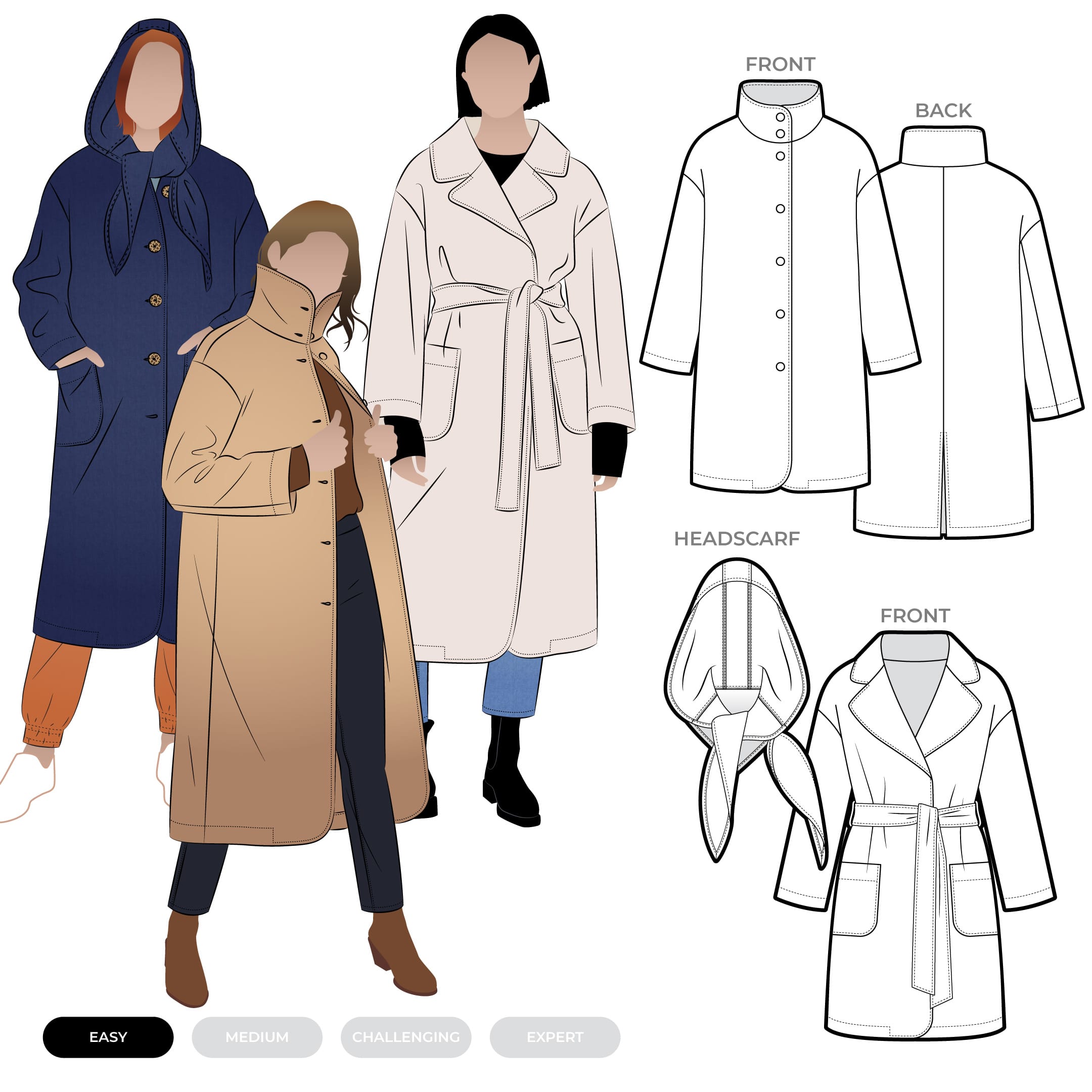 Gracie Coat and Headscarf by Style Arc - A classic unlined overcoat which can be made long or short with button front or tie belt and your choice of pockets