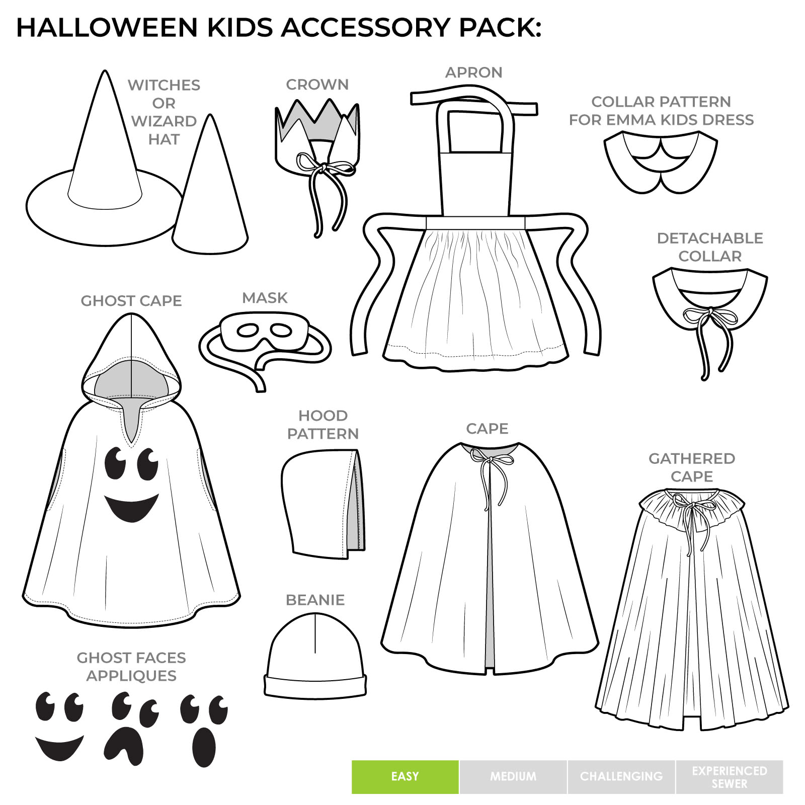 Halloween Kids Accessory Pack By Style Arc - Cape, hood, witches' hat, apron, crown, beanie, Peter Pan collar, and eye mask, sized 2-5 & 6-10