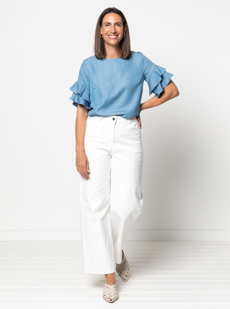 Harmony Woven Top Sewing Pattern By Style Arc - Flounce sleeve loose fitting top sewing pattern.