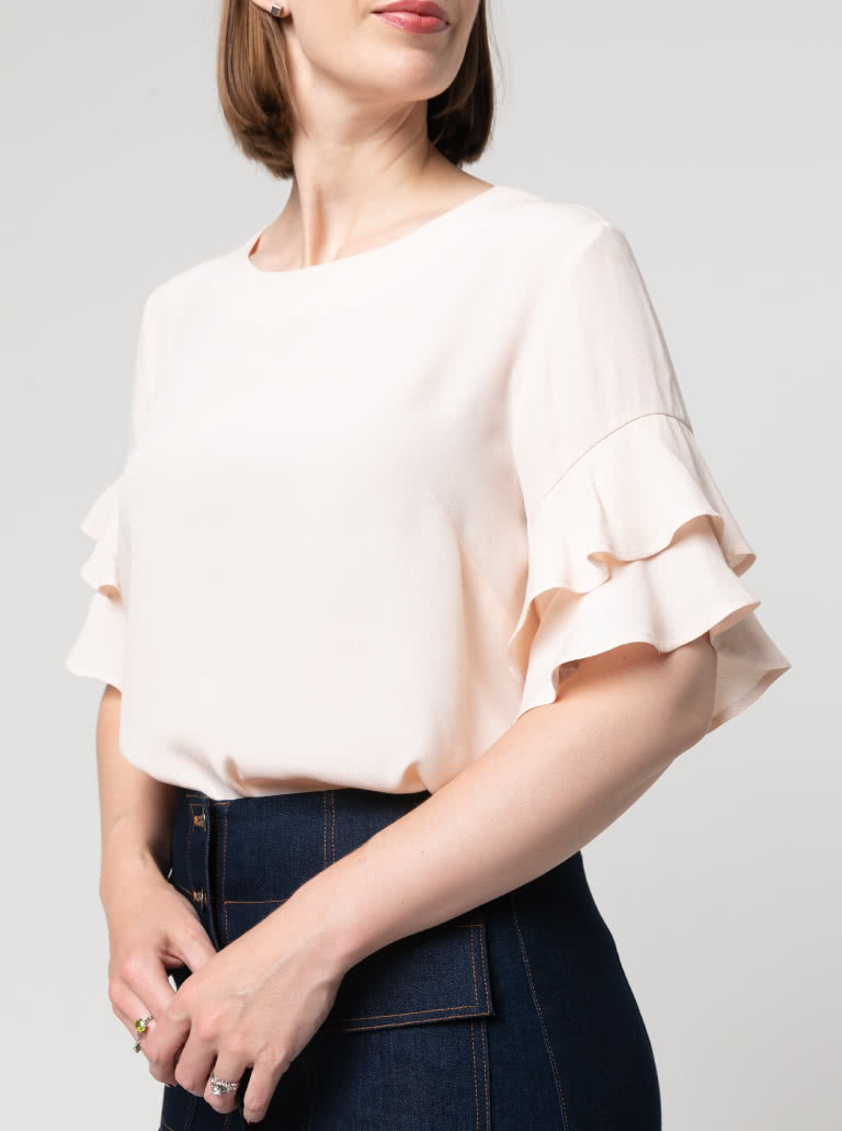 Harmony Woven Top Sewing Pattern By Style Arc - Flounce sleeve loose fitting top sewing pattern.