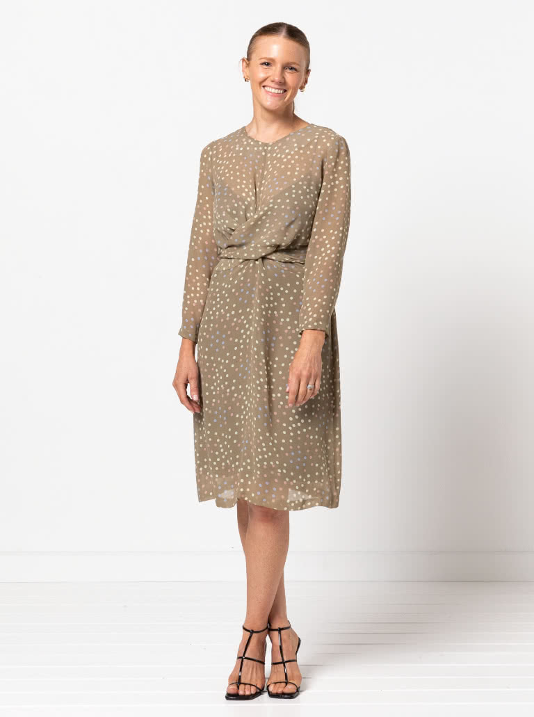 Hattie Woven Dress Sewing Pattern By Style Arc - Woven dress with a twist front and a 7/8 sleeve.