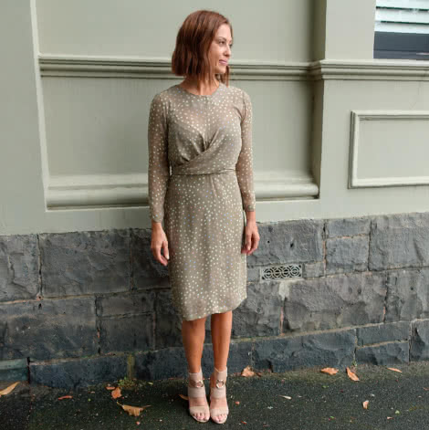 Hattie Woven Dress Sewing Pattern By Style Arc - Woven dress with a twist front and a 7/8 sleeve.