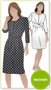 Hattie Woven Dress Sewing Pattern By Style Arc - Woven dress with a twist front and a 7/8 sleeve.