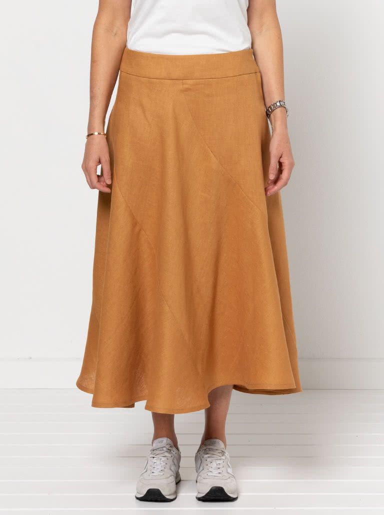 Haven Woven Skirt By Style Arc - Four panelled skirt with curved seams and shaped waistband.