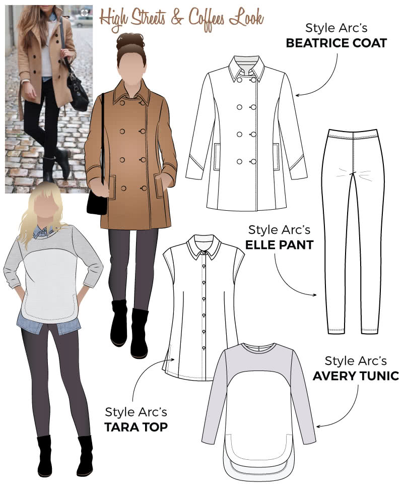 High Streets and Coffees Look Sewing Pattern Bundle By Style Arc - High Streets and Coffees Look = Beatrice Pea Coat, Elle Pant, Avery Tunic and Tara Top.