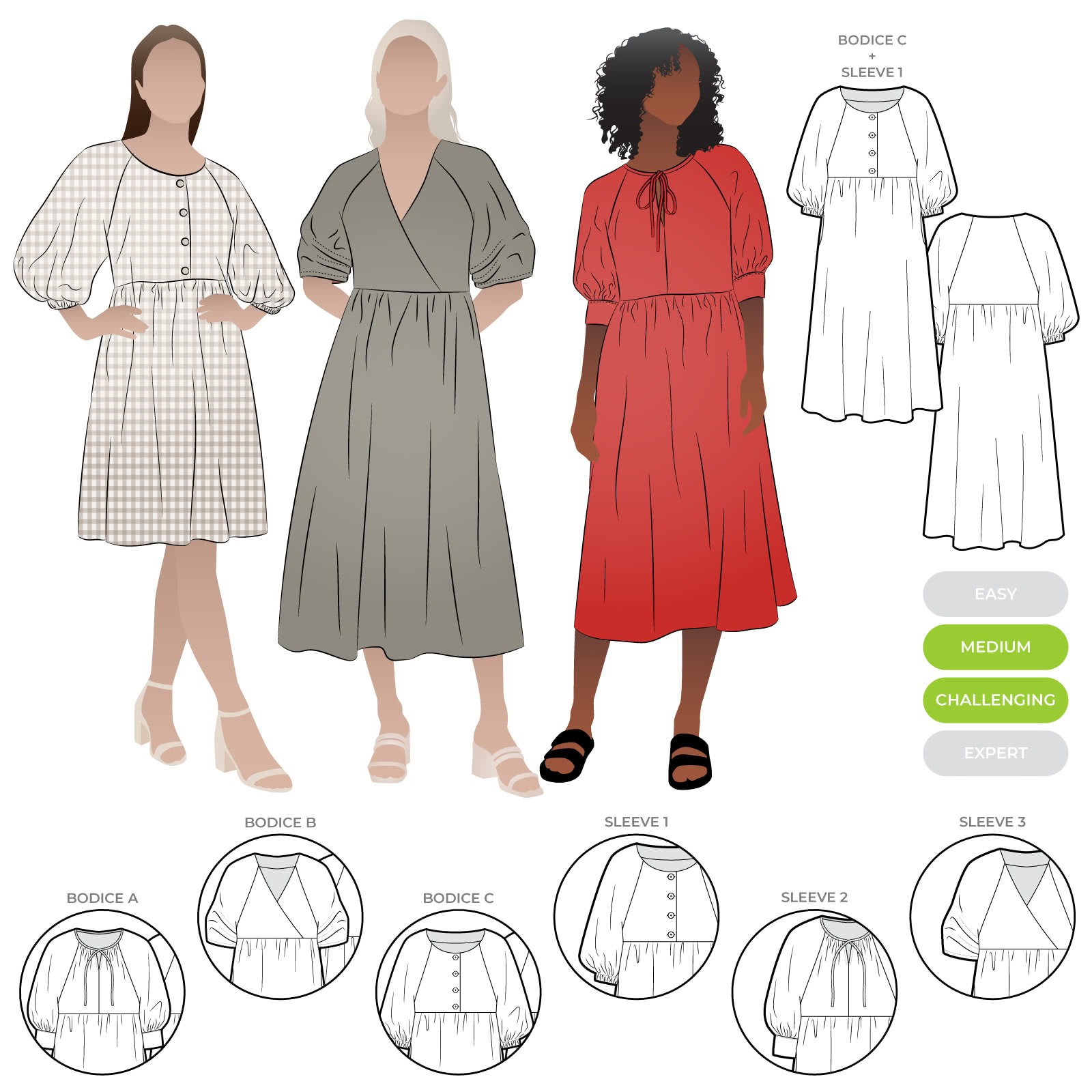 Hope Extension Pack By Style Arc - Change up your Hope Woven Dress with these additional pattern pieces. You will receive 3 bodice and 3 sleeve pattern options designed to match the skirt of the original Hope Woven Dress pattern, creating over 9 different looks. You will also need the original Hope Woven Dress pattern to use this extension pack.