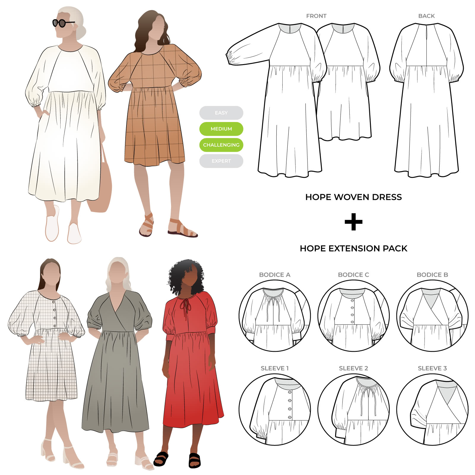 Hope Woven Dress + Extension Pack Bundle Sewing Pattern Bundle By Style Arc - Make over 9 different looks with the Hope Woven Dress + Extension Pack patterns.