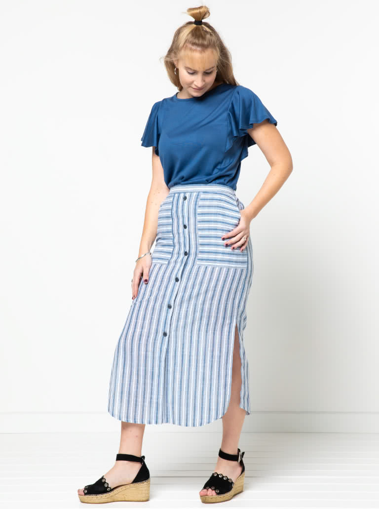 Indigo Maxi Skirt Sewing Pattern By Style Arc - Maxi skirt with elastic waist, faux button opening and patch pockets.