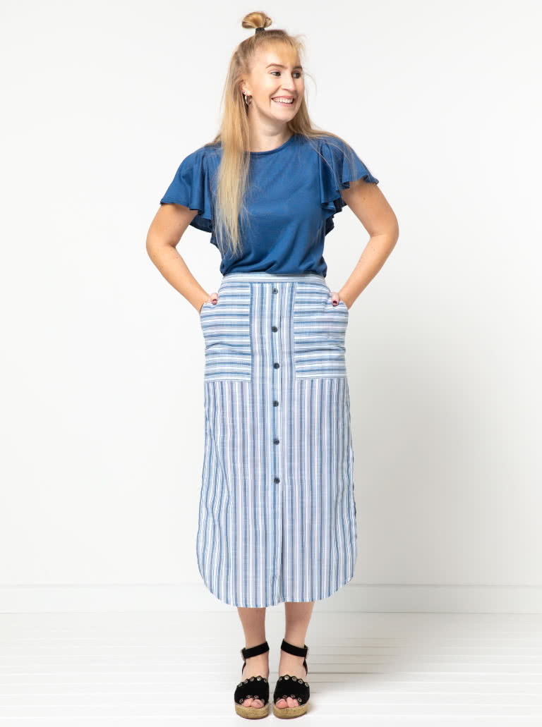 Indigo Maxi Skirt Sewing Pattern By Style Arc - Maxi skirt with elastic waist, faux button opening and patch pockets.