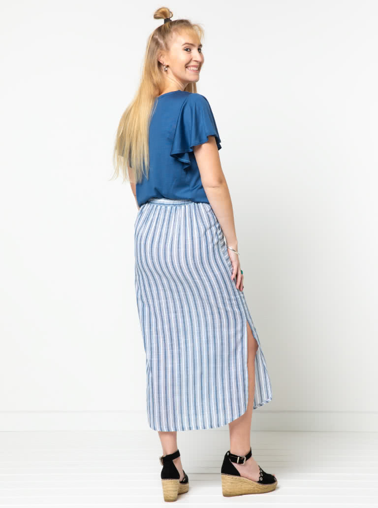 Indigo Maxi Skirt Sewing Pattern By Style Arc - Maxi skirt with elastic waist, faux button opening and patch pockets.