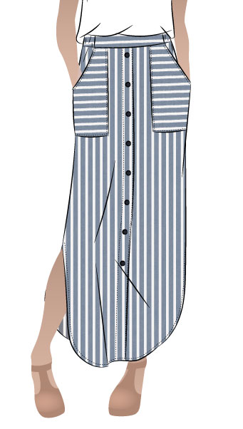 Indigo Maxi Skirt By Style Arc - Maxi skirt with elastic waist, faux button opening and patch pockets.