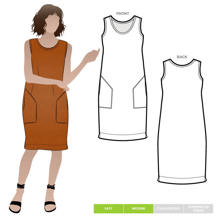 Iris Woven Dress Sewing Pattern By Style Arc - Shift dress with slight cocoon shape and large pockets.