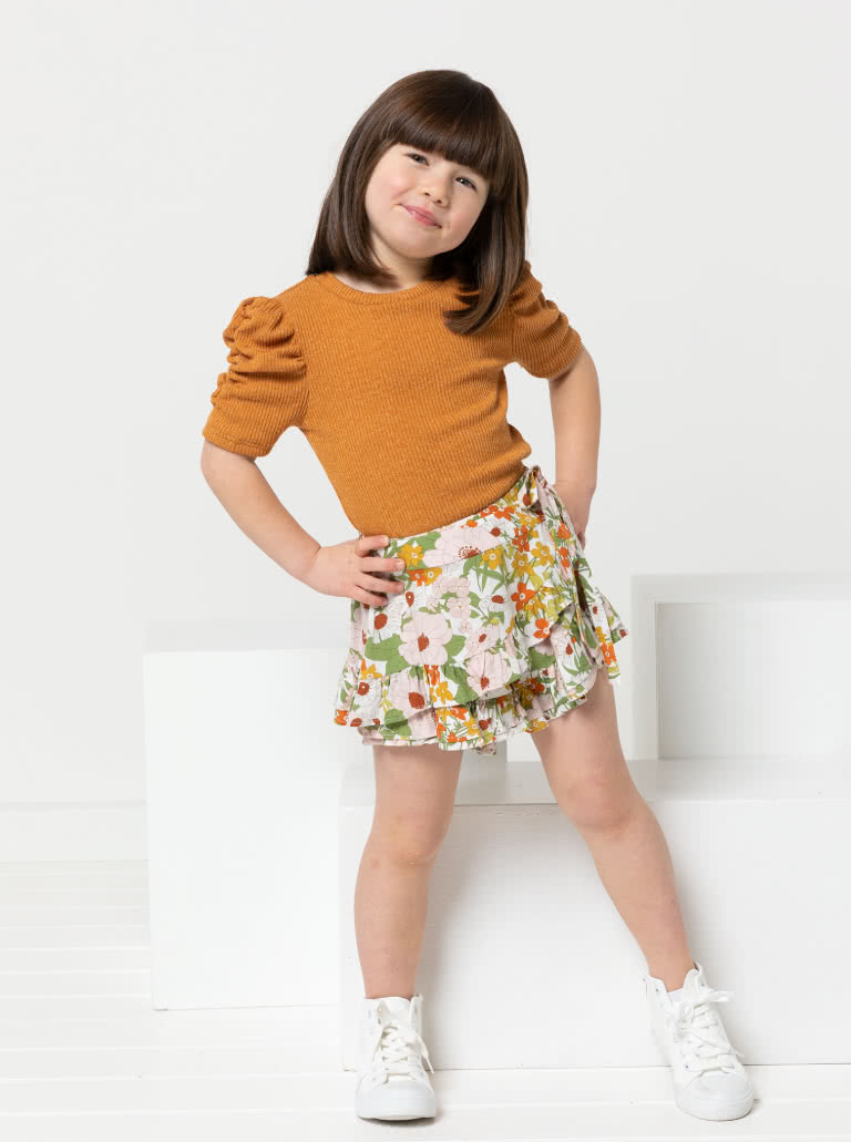 Issy Kids Knit Top Dress By Style Arc - Short swing dress or top option, with optional crew neckline or polo collar option. Short or long sleeve with ruched optional available, for Kids 2 - 8