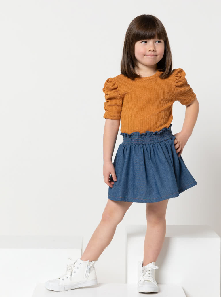 Issy Kids Knit Top Dress By Style Arc - Short swing dress or top option, with optional crew neckline or polo collar option. Short or long sleeve with ruched optional available, for Kids 2 - 8