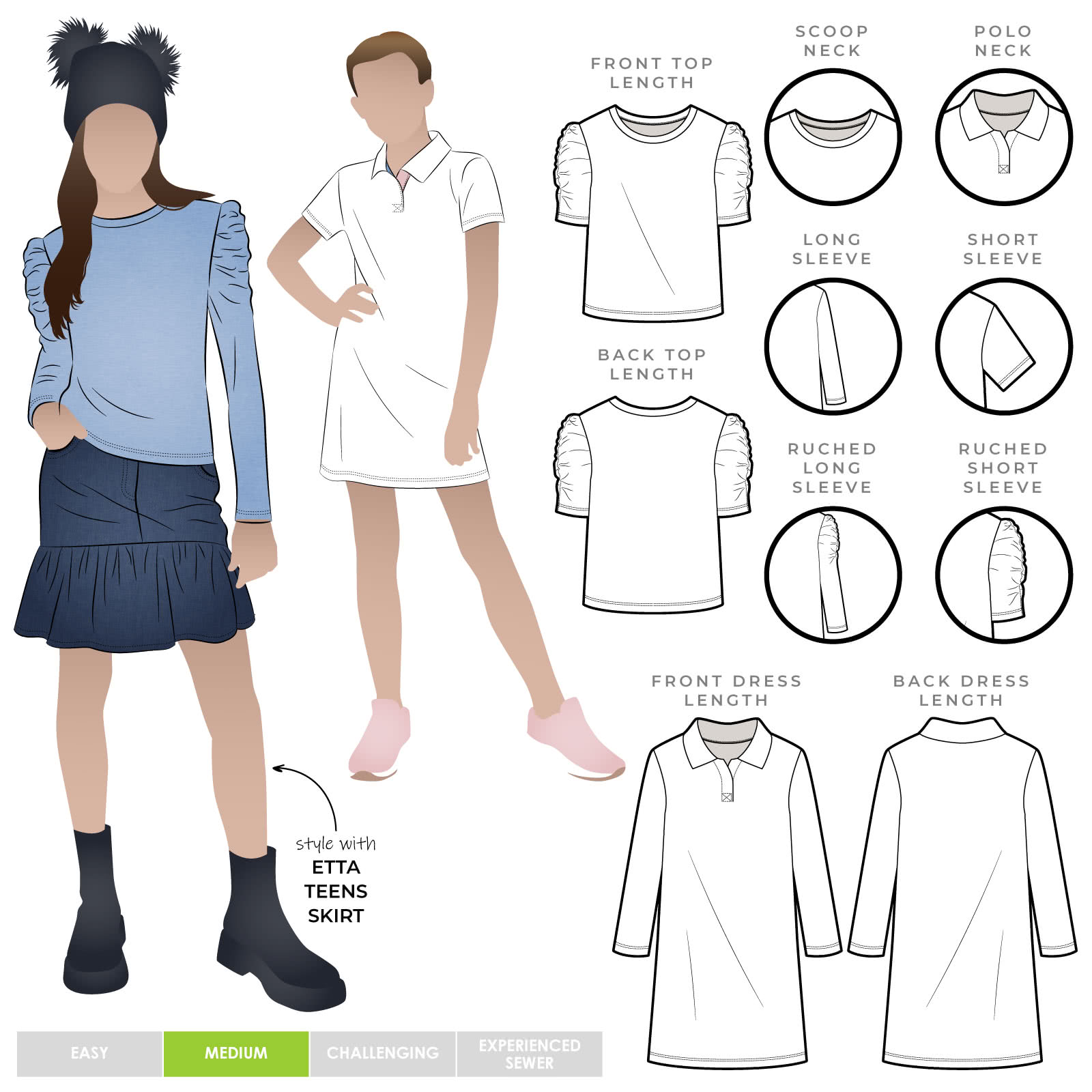 Issy Teens Knit Top Dress By Style Arc - Short swing dress or top option, with optional crew neckline or polo collar option. Short or long sleeve with ruched optional available, for teens 8 - 16