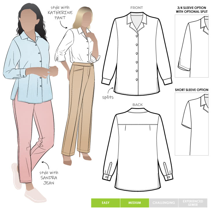 Jane Over-Shirt Sewing Pattern By Style Arc - Overshirt with side splits over jeans or leggings
