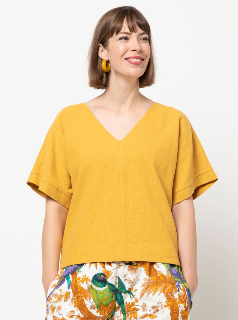 Joan Woven Top By Style Arc - Square shaped top with extended shoulder line and "V" neck