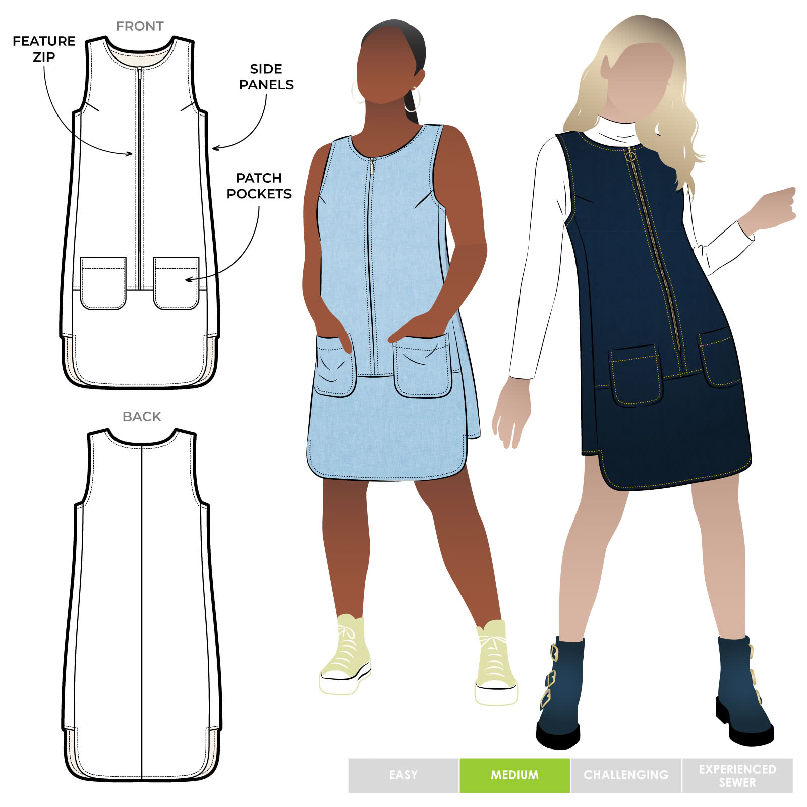 Jodie Dress / Pinafore Sewing Pattern By Style Arc - Designer dress / pinafore with stylish hemline & side panels