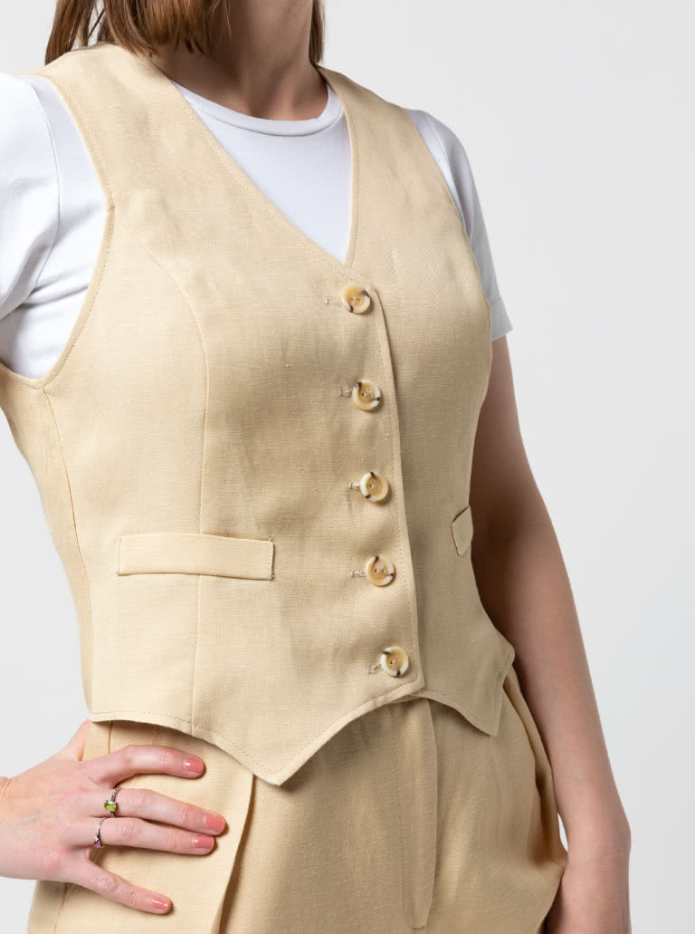 Joy Woven Vest By Style Arc - Easy fit vest with faux welt pocket and button opening.