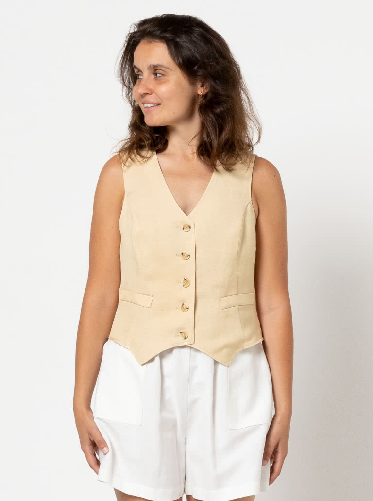 Joy Woven Vest By Style Arc - Easy fit vest with faux welt pocket and button opening.