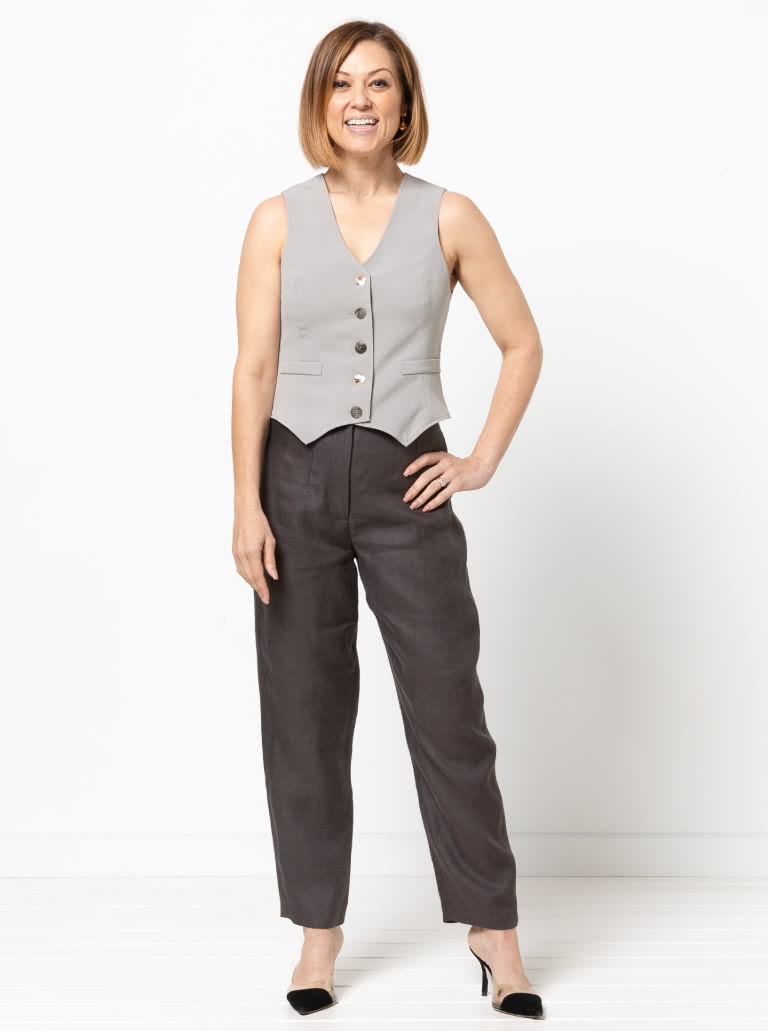 Joy Woven Vest By Style Arc - Easy fit vest with faux welt pocket and button opening.