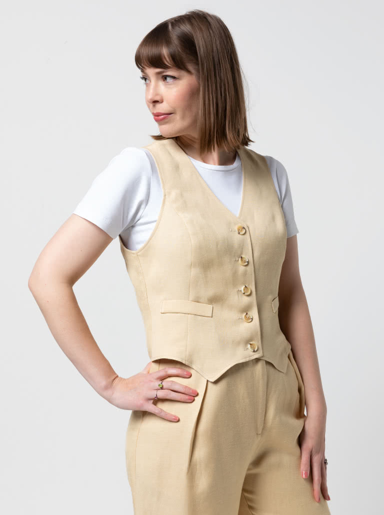 Joy Woven Vest By Style Arc - Easy fit vest with faux welt pocket and button opening.