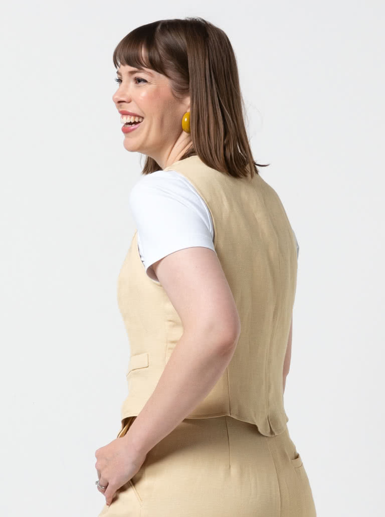 Joy Woven Vest By Style Arc - Easy fit vest with faux welt pocket and button opening.