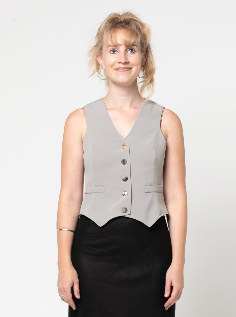 Joy Woven Vest By Style Arc - Easy fit vest with faux welt pocket and button opening.