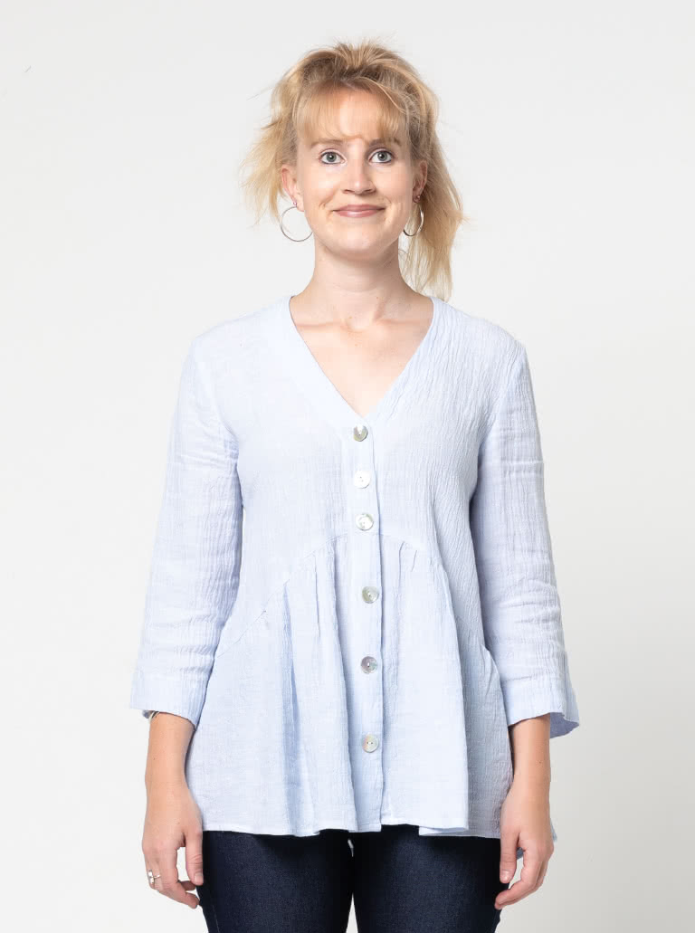 Jules Woven Tunic By Style Arc - Button through "V" neck tunic featuring a shaped under bust seam and a 7/8th length sleeve.