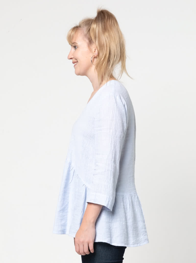 Jules Woven Tunic By Style Arc - Button through "V" neck tunic featuring a shaped under bust seam and a 7/8th length sleeve.