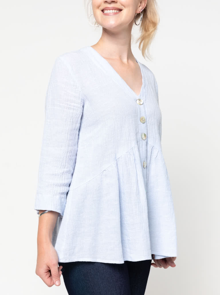 Jules Woven Tunic By Style Arc - Button through "V" neck tunic featuring a shaped under bust seam and a 7/8th length sleeve.